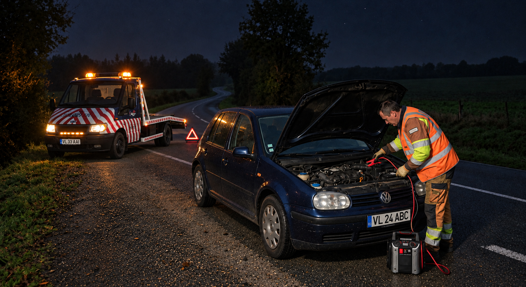Tehnician care conectează cablurile de pornire la un autoturism oprit noaptea pe marginea drumului